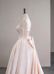 Pink Satin Straps Long Formal Dress with Bow, Pink Satin Prom Dress Party Dress