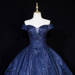 Navy Blue Ball Gown Long Formal Dress, Off Shoulder Navy Blue Party Dress