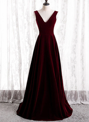 Wine Red Velvet V-neckline Simple Long Party Dress, Wine Red Bridesmaid Dress