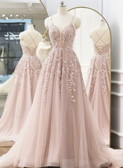 Pink Tulle with Lace Straps Long Party Dress, Pink Tulle Prom Dress Evening Dress