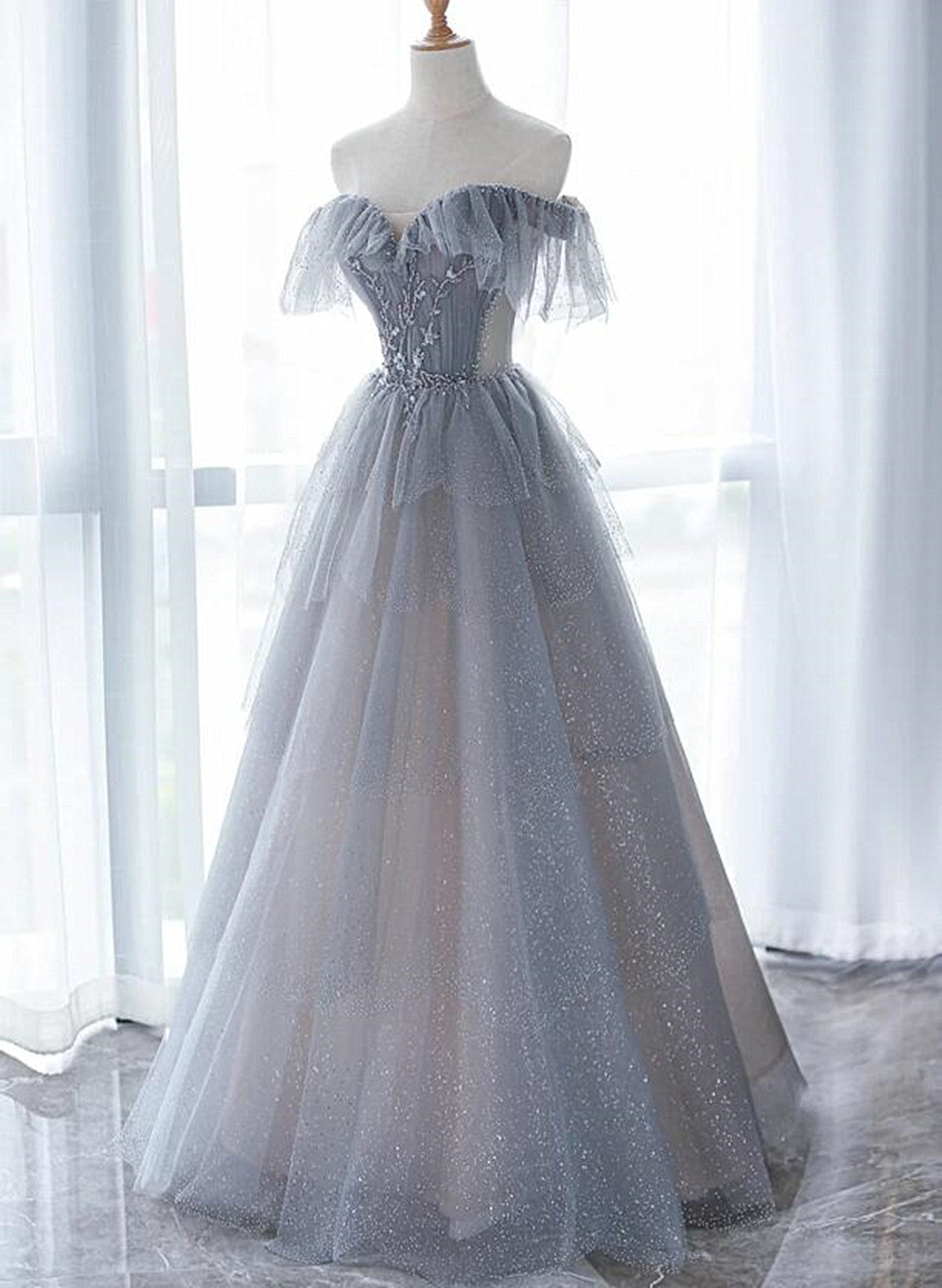 Chic Grey Beaded Layers Tulle Long Formal Dress, Grey Off Shoulder Prom Dress