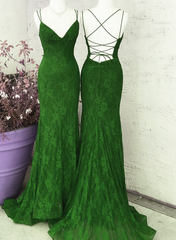 Green V-neckline Lace Cross Back Mermaid Party Dress, Green Long Evening Dress Prom Dress