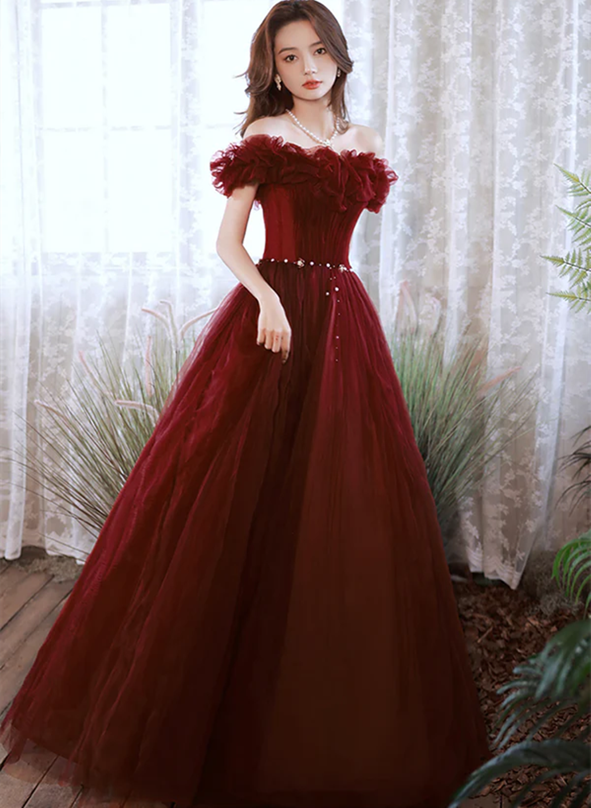 Off Shoulder Beaded Tulle Long Party Dress, A-line Tulle Long Formal Dress Prom Dress