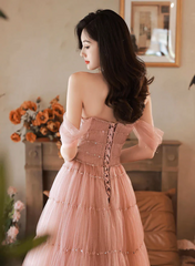 Pink Tulle Off Shoulder Long Party Dress, A-line Pink Beaded Prom Dress