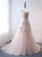 Pink Sweetheart Tulle with Lace Flowers Long Evening Dress, Pink Tulle Prom Dress