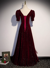 Wine Red Short Sleeves Velvet Long Formal Dress, Wine Red Evening Dress Prom Dress