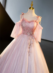 Pink Off Shoulder Tulle with Beadings Long Party Dress, A-line Pink Prom Dress