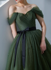 Green Tulle A-line Off Shoulder Prom Dress, Green Tull Long Formal Dress Evening Dress