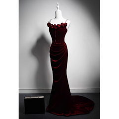 Wine Red Mermaid Straps Beaded Long Formal Dress, Wine Red Evening Dress Prom Dress