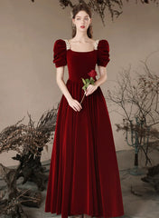 Wine Red Short Sleeves Beaded Velvet Long Formal Dress, Wine Red Velvet Prom Dress