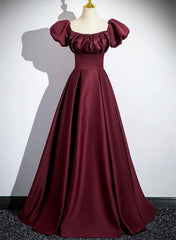 Wine Red Satin Off Shoulder Long Party Dress, Wine Red Satin Prom Dress