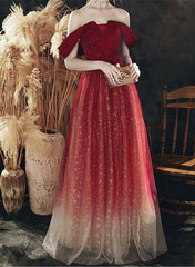 Wine Red Gradient Tulle off Shoulder Long Evening Dress,  Wine Red Prom Dress