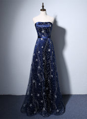 Navy Blue A-line Tulle Long Evening Dress, Navy Blue Prom Dress