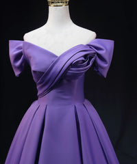 Purple Satin A-line Off Shoulder Long Party Dress, Purple Evening Dress Prom Dress