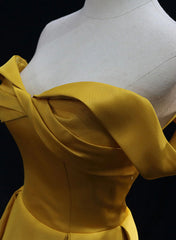Yellow A-line Simple Satin Off Shoulder Prom Dress, Yellow Satin Formal Dress
