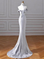 Charming Sliver Mermaid Party Dress, Sliver Off Shoulder Long Prom Dress with Leg Slit