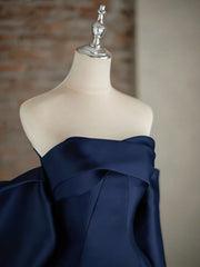 A-Line Sweetheart Neck Satin Dark Blue Long Prom Dress
