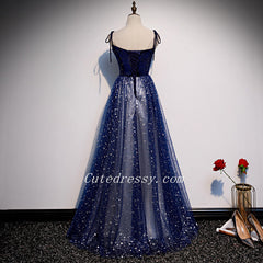 Shiny Blue Tulle with Velvet Top Long Evening Dress, Blue Formal Dresses Party Dresses