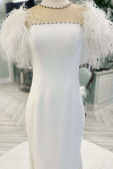 White Feather Illusion Neck Mermaid Long Bridal Gown