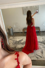 Straps Red Leaf Lace Long Prom Dress with Pearls