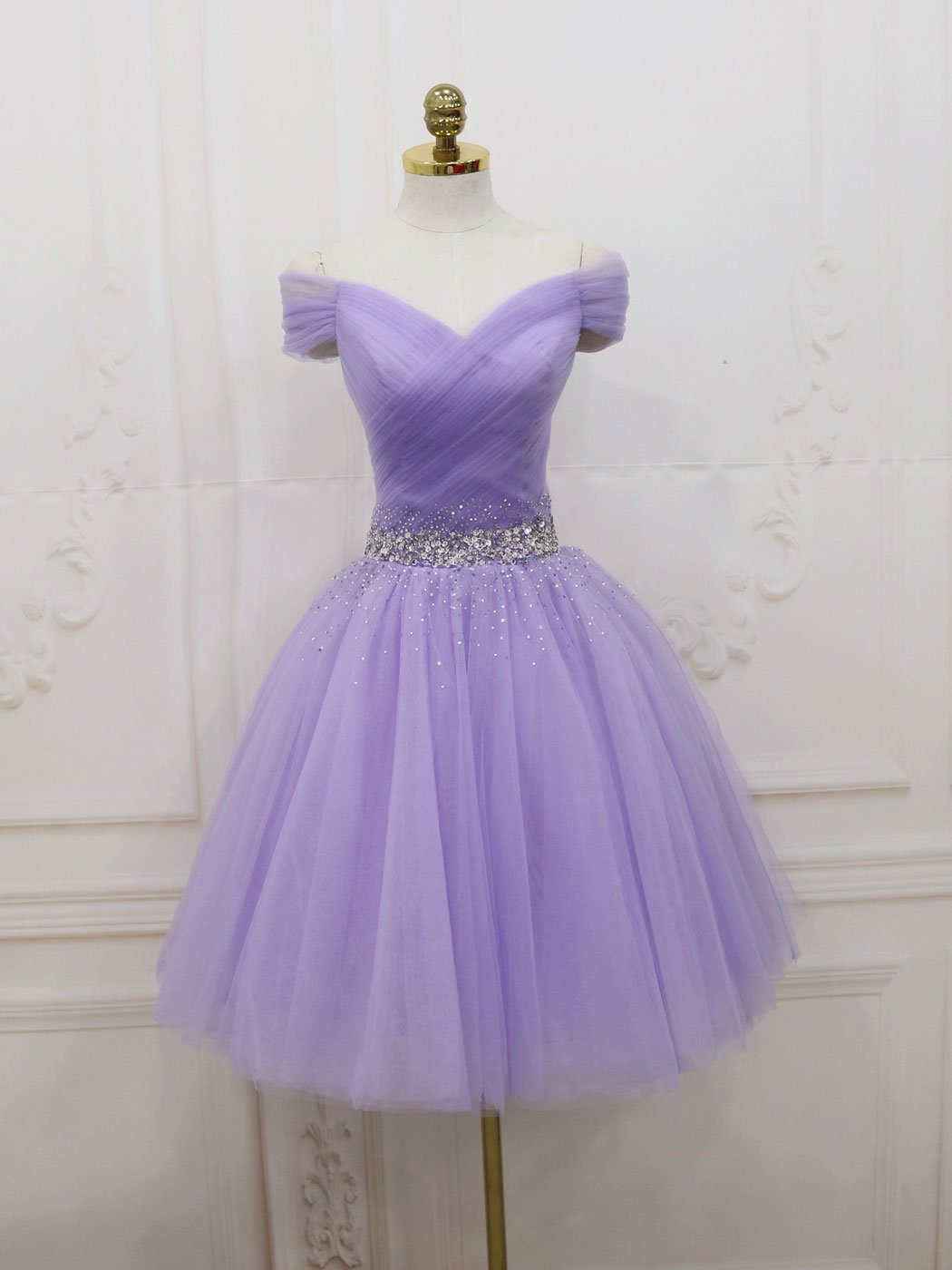 Robe de bal à paillettes en tulle violet hors épaule, robe de retour violette