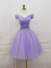 Robe de bal à paillettes en tulle violet hors épaule, robe de retour violette
