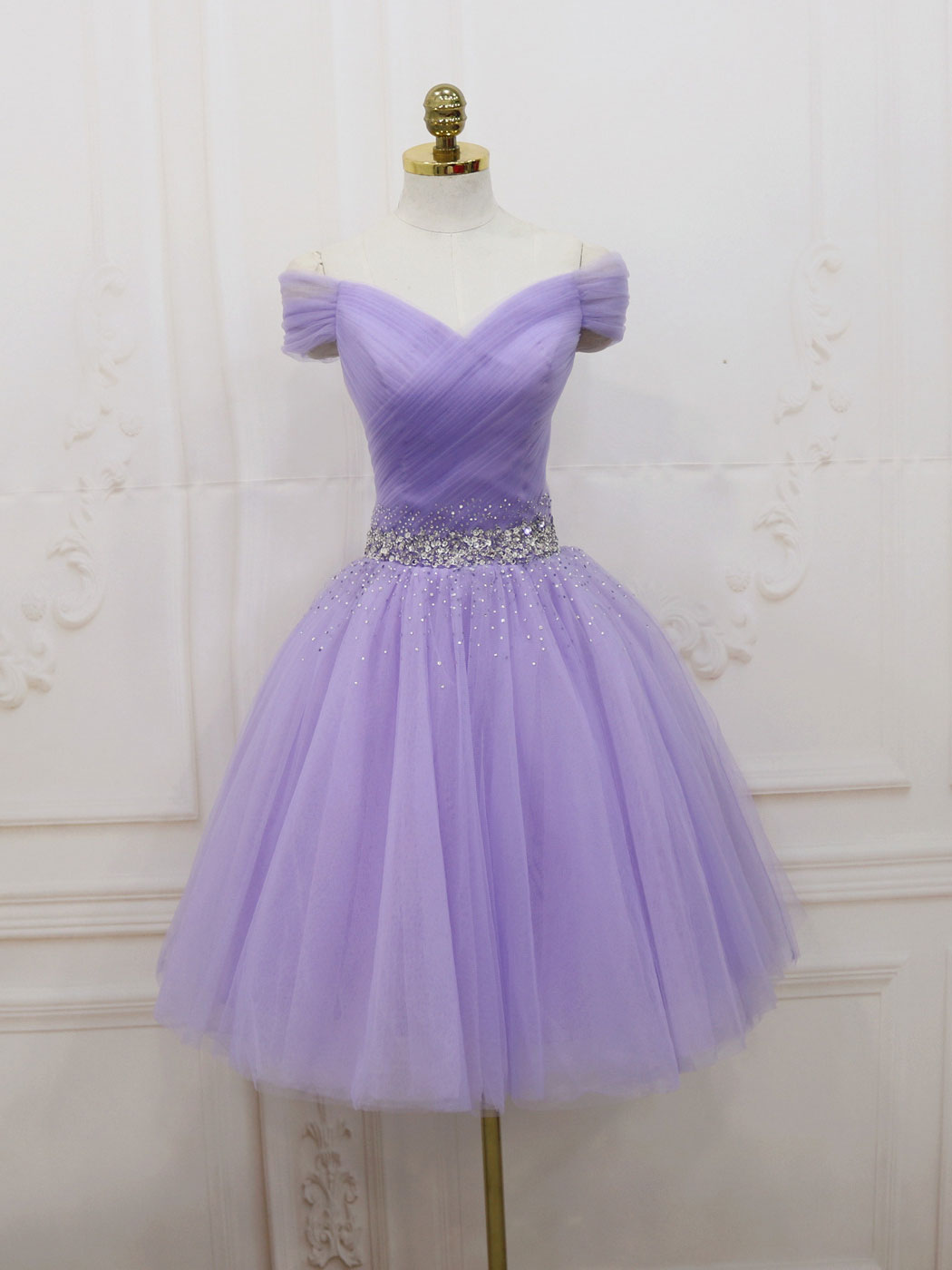 Purple  tulle off shoulder sequin short prom dress purple homecoming dress
