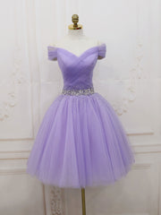 Purple  tulle off shoulder sequin short prom dress purple homecoming dress
