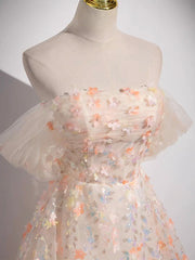 A-Line Off Shoulder Lace Tulle Long Prom Dress, Pink Long Formal Dress