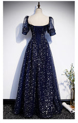 Navy Blue Simple Tulle Short Sleeves Prom Dress, Navy Blue Long Evening Dress