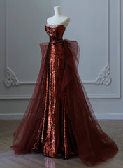 Wine Red Sequins and Tulle Long Formal Dress, Wine Red Prom Dress