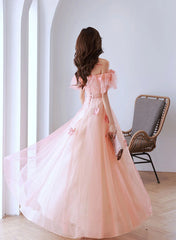 Pink A-line Tulle Off Shoulder Beaded Prom Dress, Pink Tulle Evening Dress
