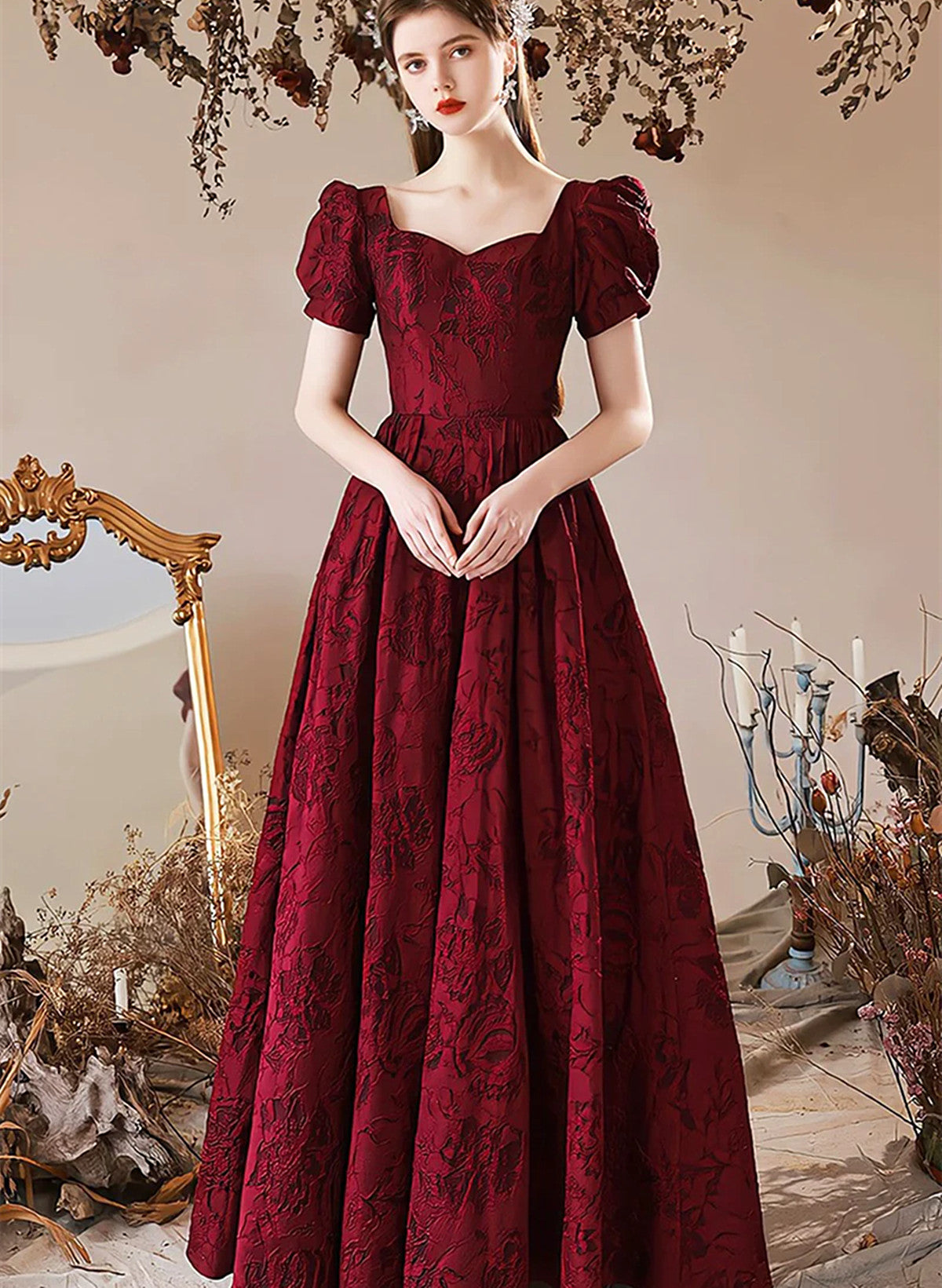 Wine Red Sweetheart Floral A-line Prom Dress, Wine Red Evening Dress Party Dress