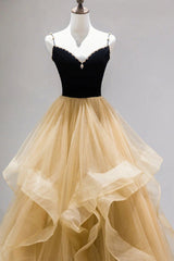 Champagne Tulle A-line Sweetheart Beaded Straps Prom Dress, Champagne Party Dress