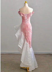 Chic Pink High Low Mermaid Off Shoulder Prom Dress, Pink Homecoming Dress