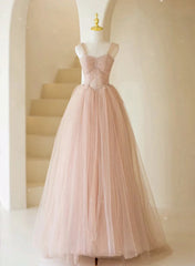 Pink Sweetheart Beaded Long Tulle Prom Dress, Pink Tulle Evening Dress Party Dress