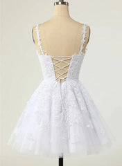 Cute V-neckline White Tulle with Lace Graduation Dress, White Short Party Dress