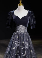 Black Tulle and Velvet A-line Long Party Dress, Black Long Prom Dress