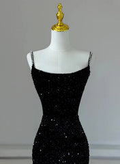 Black Mermaid Sequins Long Formal Dress, Black Straps Long Evening Dress