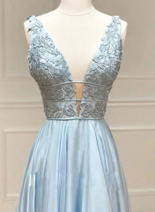 Light Blue Chiffon with Lace A-line Prom Dress, Light Blue Evening Dress