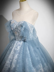 Light Blue A-line Lace and Tulle Long Party Dress, Blue Round Neckline Prom Dress