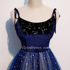 Shiny Blue Tulle with Velvet Top Long Evening Dress, Blue Formal Dresses Party Dresses