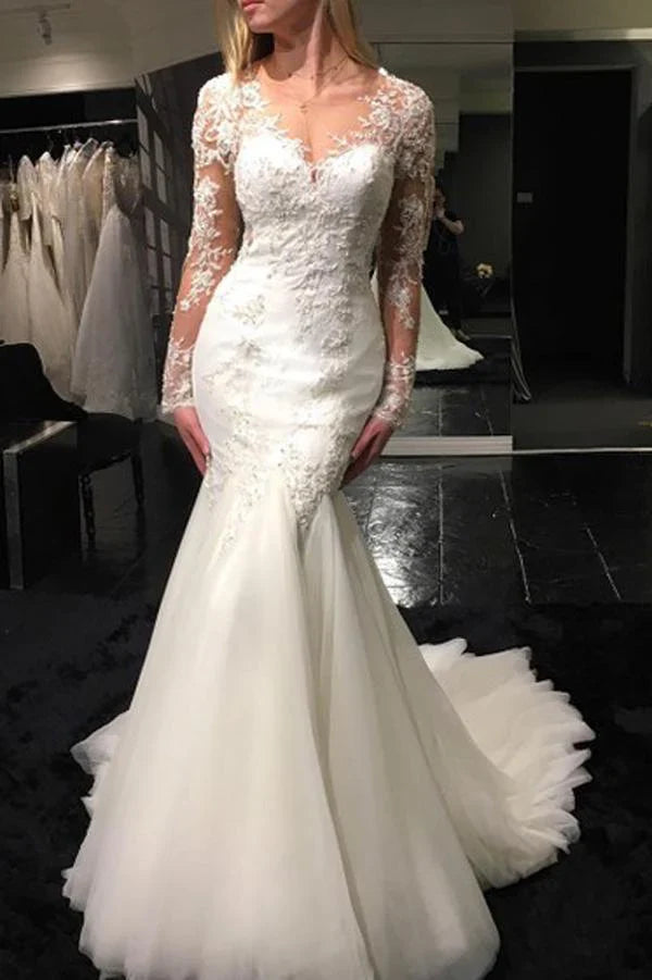 White Tulle Scoop Neck Long Sleeve Mermaid Sweep Train Lace Wedding Dresses