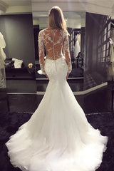 White Tulle Scoop Neck Long Sleeve Mermaid Sweep Train Lace Wedding Dresses
