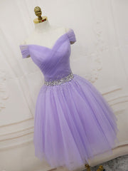 Purple  tulle off shoulder sequin short prom dress purple homecoming dress