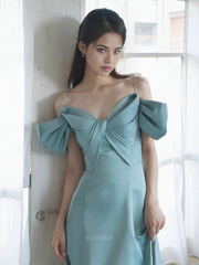 A Line Spaghetti Straps Light Sky Blue Satin Long formal dresses Bridesmaid Dresses evening gown Prom Dress