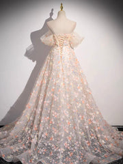 A-Line Off Shoulder Lace Tulle Long Prom Dress, Pink Long Formal Dress