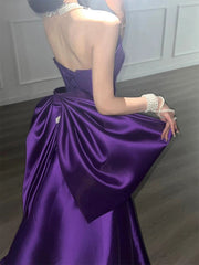 Purple Satin Scoop A-line Floor Length Party Dress, Purple Satin Long Prom Dress with Bow