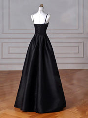 Simple Black A-line Satin Straps Long Party Dress, Black Satin Prom Dress