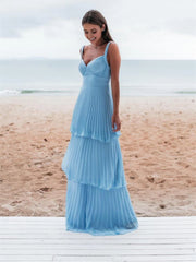 Lovely Light Blue Straps Chiffon Sweetheart Low Back Pary Dress, Light Blue Prom Dress